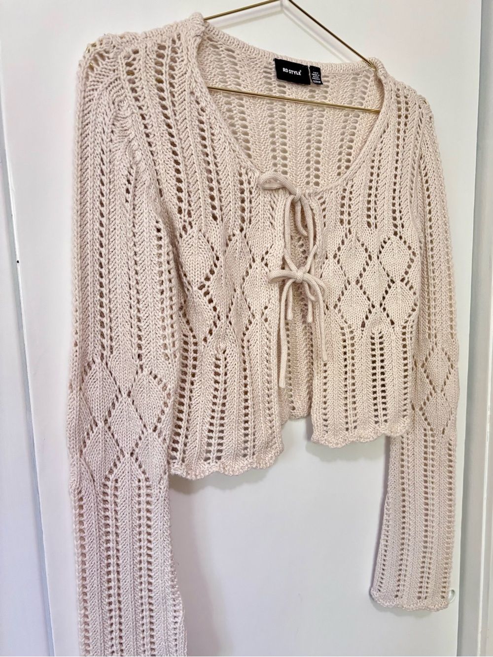 RD Style| Cream Open-Knit Tie-Front Cropped Cotton Blend Crochet Cardigan Sz XS - Picture 3 of 7